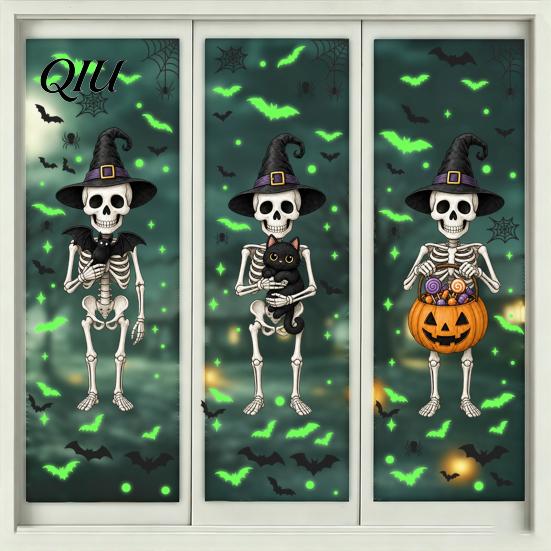 Waterproof Window Stickers Halloween Glow-in-the-Dark Cling, Spooky Ghost Skeleton Glass Sticker, Clings Static Decal for Holiday Party Home Decor