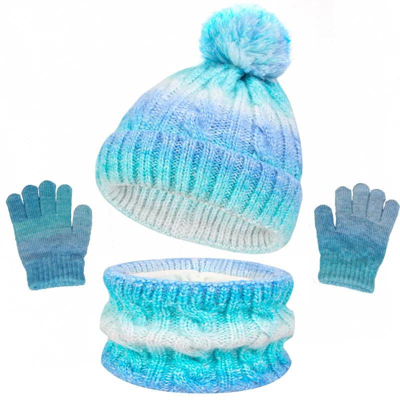 Kids Winter 3 Piece Acrylic Knit Hat Neck Warmer And Gloves Set Fleece Lined Pom Pom Beanie For Children Daily Outdoor Cold Weather Wear