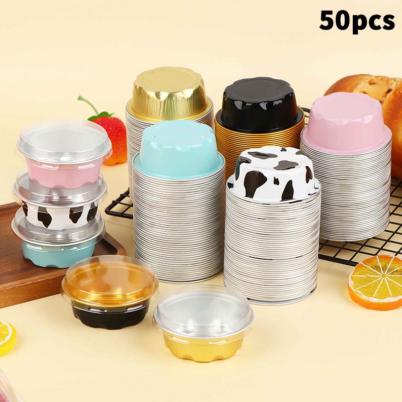 50Pcs Round Baking Cups Aluminum Foil Wih Lids Reusable Cupcake Cups Desserts Flans Cake Pudding Jello Cups Kitchen Tools