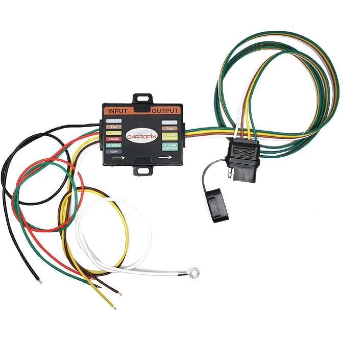 Powered 3-to-2-Wire Trailer Tail Light Converter with 1.5ft Leads and 4.8ft 4-Way Wiring Harness Connector - LED Compatible