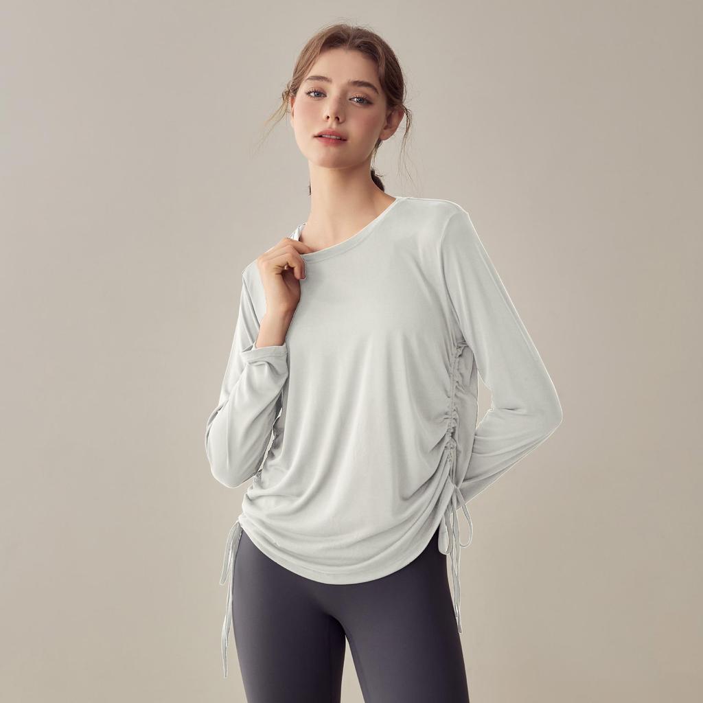 Women’s Slimming Long-Sleeve Yoga Suit - Loose Drawstring Casual Sports Top for Autumn and Winter Fitness, Pilates, and Training