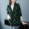 Herbst/Winter Damen Übergröße Strickjacke Pullover V-Ausschnitt Lockere Strickjacke Bedrucktes einreihiges Strickoberteil