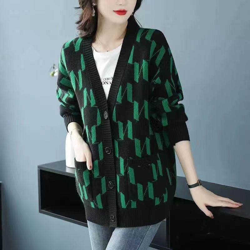 Herbst/Winter Damen Übergröße Strickjacke Pullover V-Ausschnitt Lockere Strickjacke Bedrucktes einreihiges Strickoberteil
