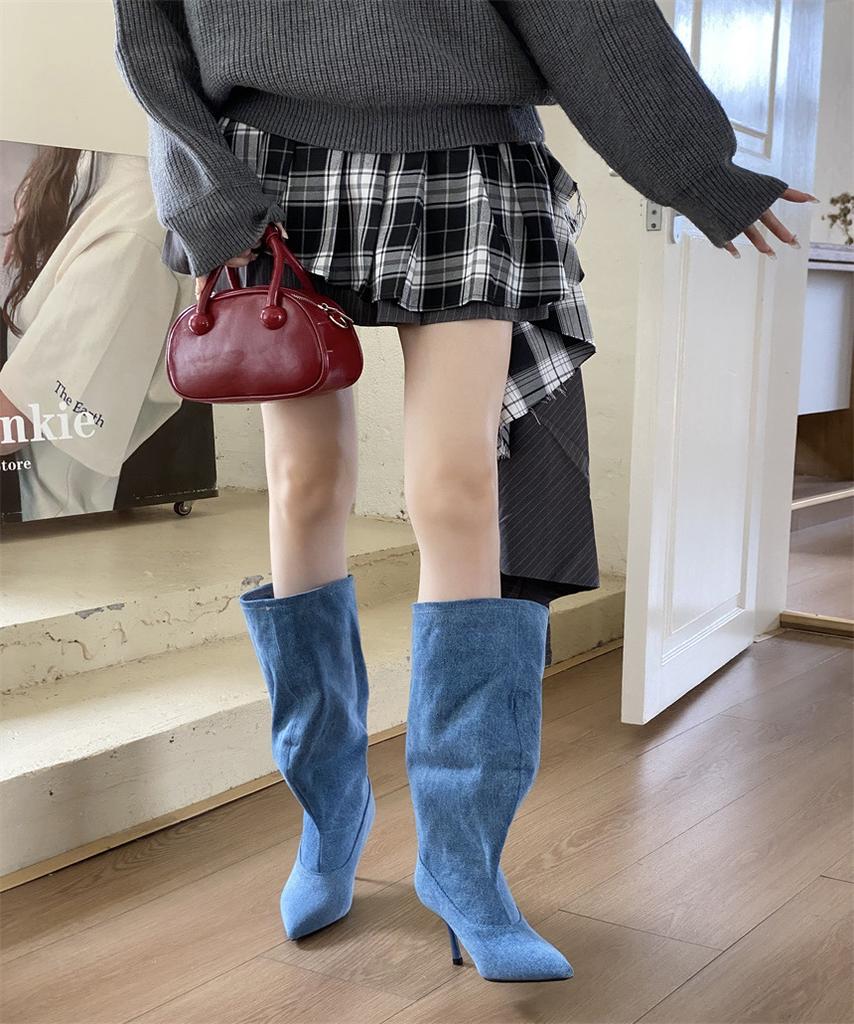 2025 Autumn European and American Style Simple Temperament Pointed High Boots Commuting Versatile Solid Color Wedge Wide Boots Low Heel Boots