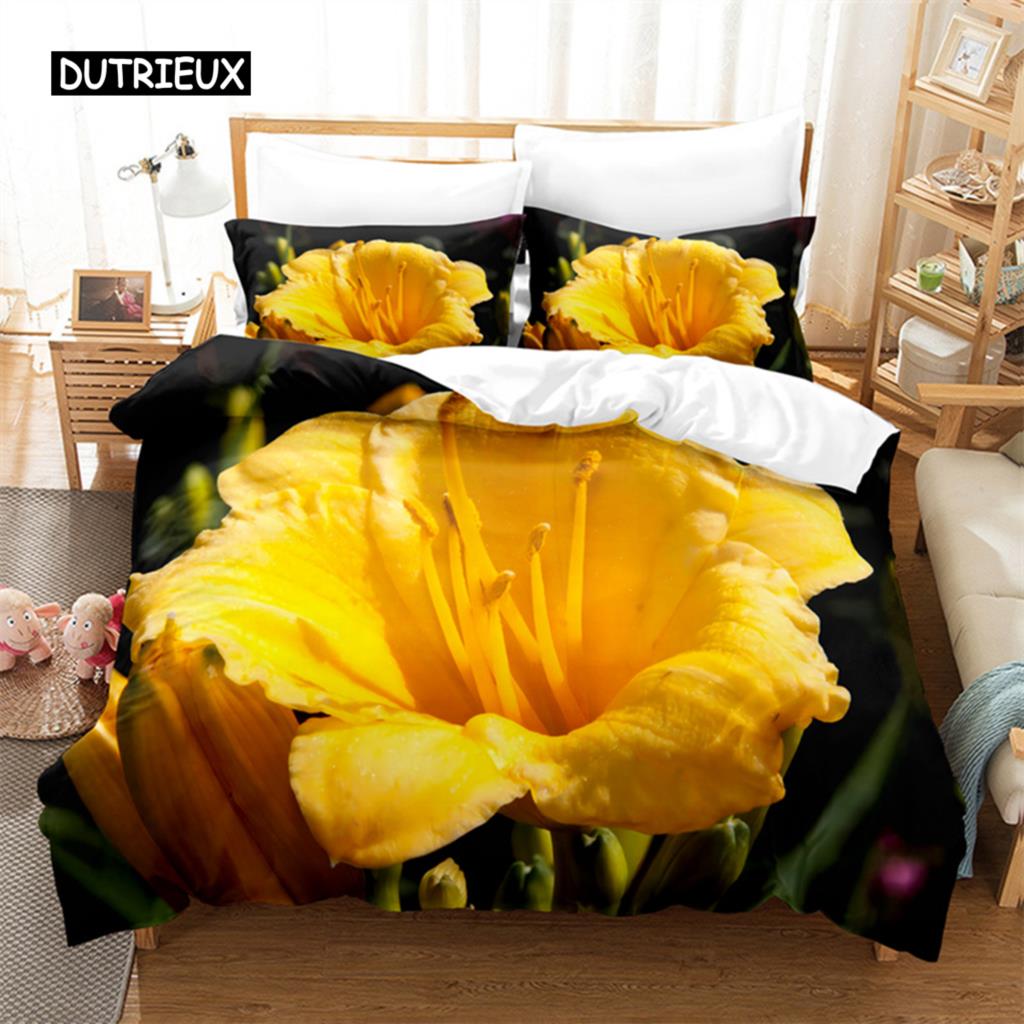 Yellow Flowers  Queen Size Bed Ensemble Comforter Cover Sets Bedding Digital Printing Bed Linen King Size Size Comforter Cover Kit Bed Ensemble