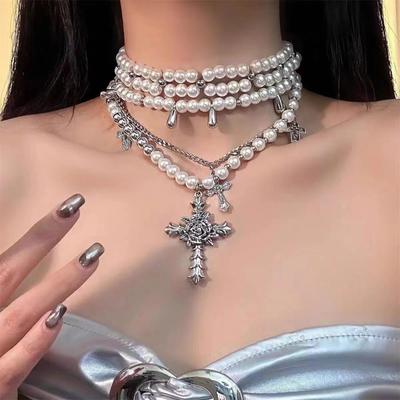 Retro Barock-inspirierte Choker-Halskette Mode Kreuz Perlenkette