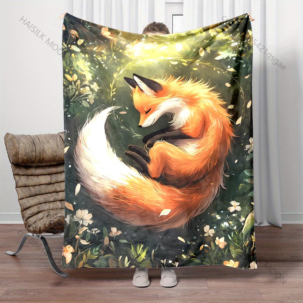 Multiple Sizes Sleeping Fox In Forest Print Blanket Flannel Material Soft Warm for All Seasons Home Outdoor Camping Picnics