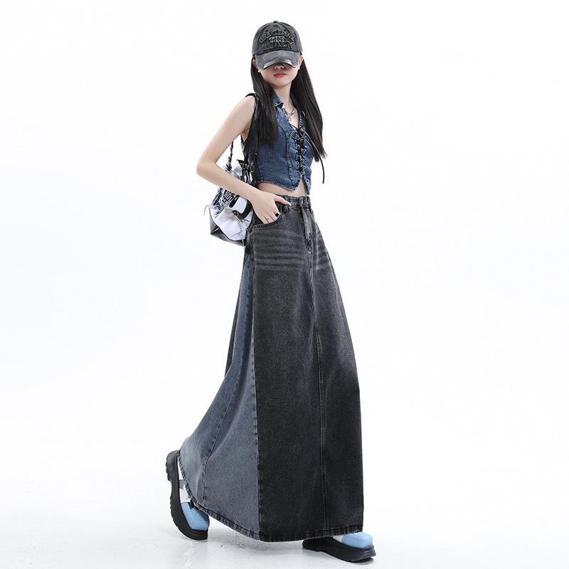Retro Slim Color-Blocked High-Waist Denim Skirt for Women