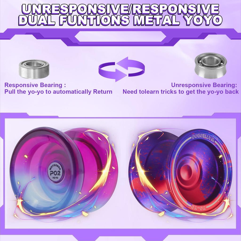 WATIEOBOO Yoyo Metal Yoyo P02 PC Switches from Responsive To Modes Perfect for and Advanced Players Set, 2-Pack (W7 + Two-Color Yoyo) - Non-Responsive