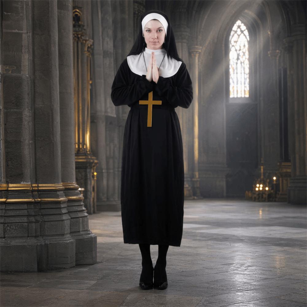 Celoplošný kostým Panny Marie Retro design Dlouhé šaty Dlouhý roucho Kostým Maškarní šaty Vintage styl Kostým jeptišky Halloweenská párty