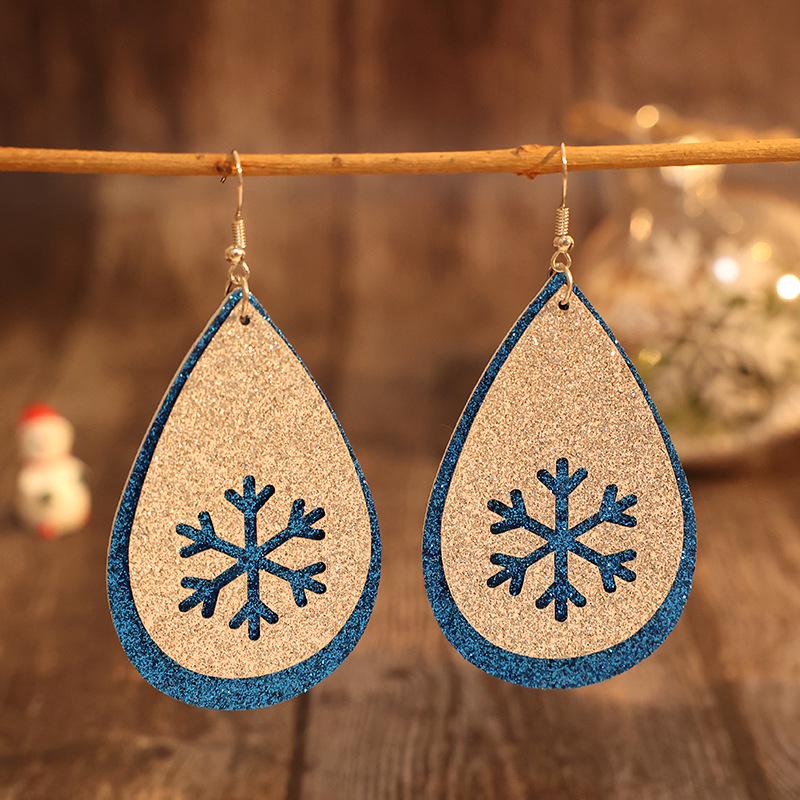 

Double-layer Blue Sequin Snowflake Cutout Leather Earrings - Vintage Christmas Design синий