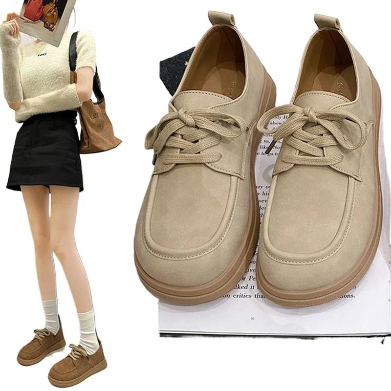 Autumn Women's Flats Shoes Soft Sole Lace-up Casual Shoes Retro Brown Loafers Spring Soft Microfiber Leather Platform Thin Shoes