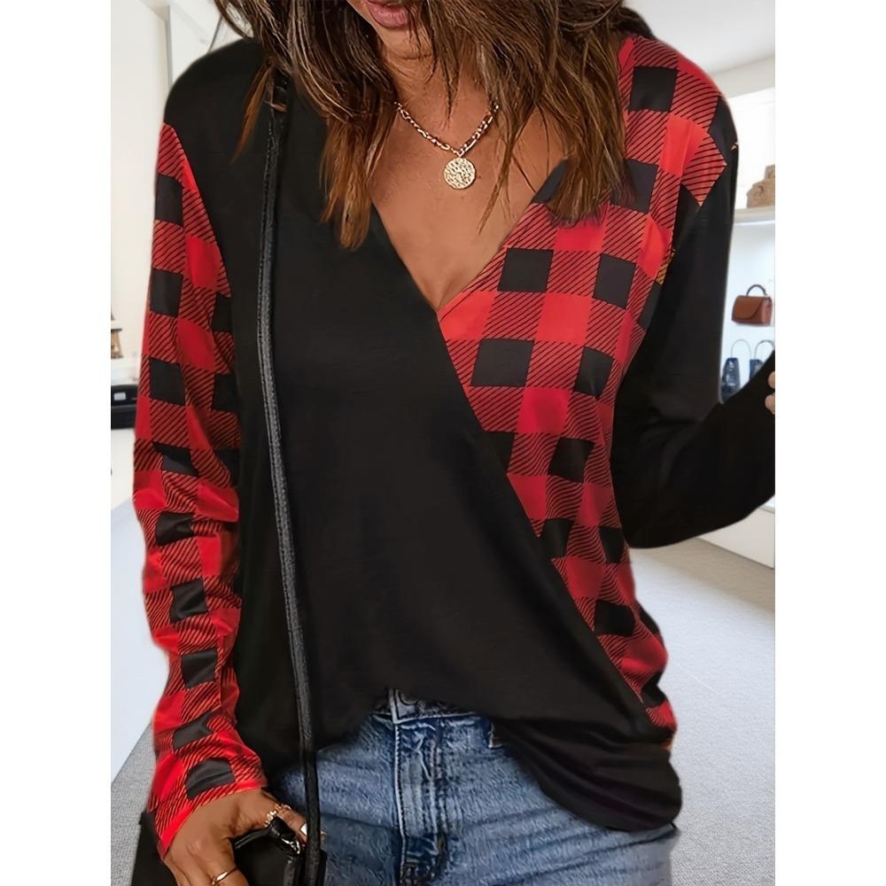 Deep V-Neck Long Sleeve T-Shirt Women's Printed Contrast Color Plaid Casual Shirt New Autumn Winter