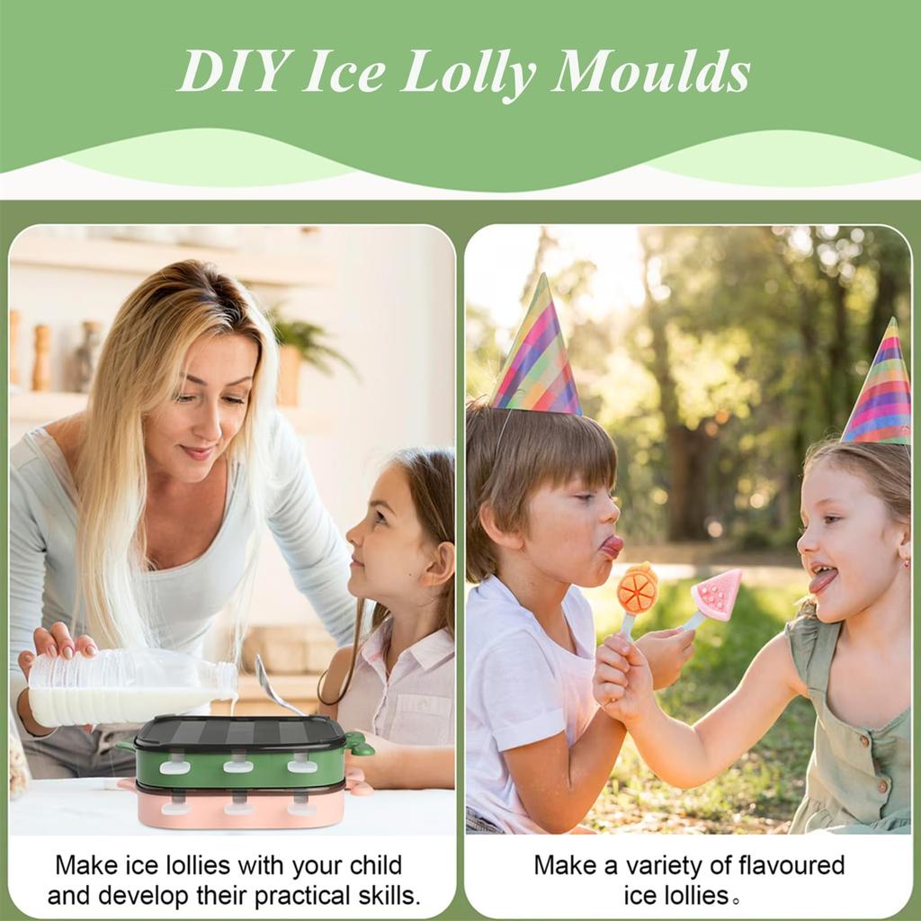 Kids Ice Cream Molds 6-Cavity Silicone Popsicle Mold with Lid, Food-Grade Silicone, Green, Reusable DIY Ice Pop Maker Accessories