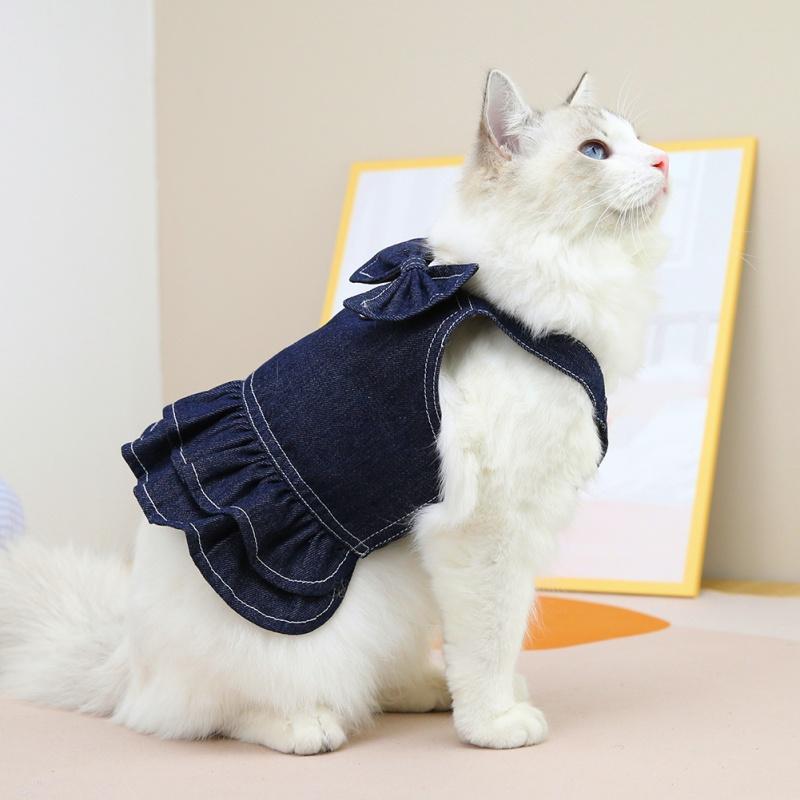 Pet Denim Dress Puppy Summer Dress Cute Bow-Knot Dog Dress Spring Summer Pet Clothes