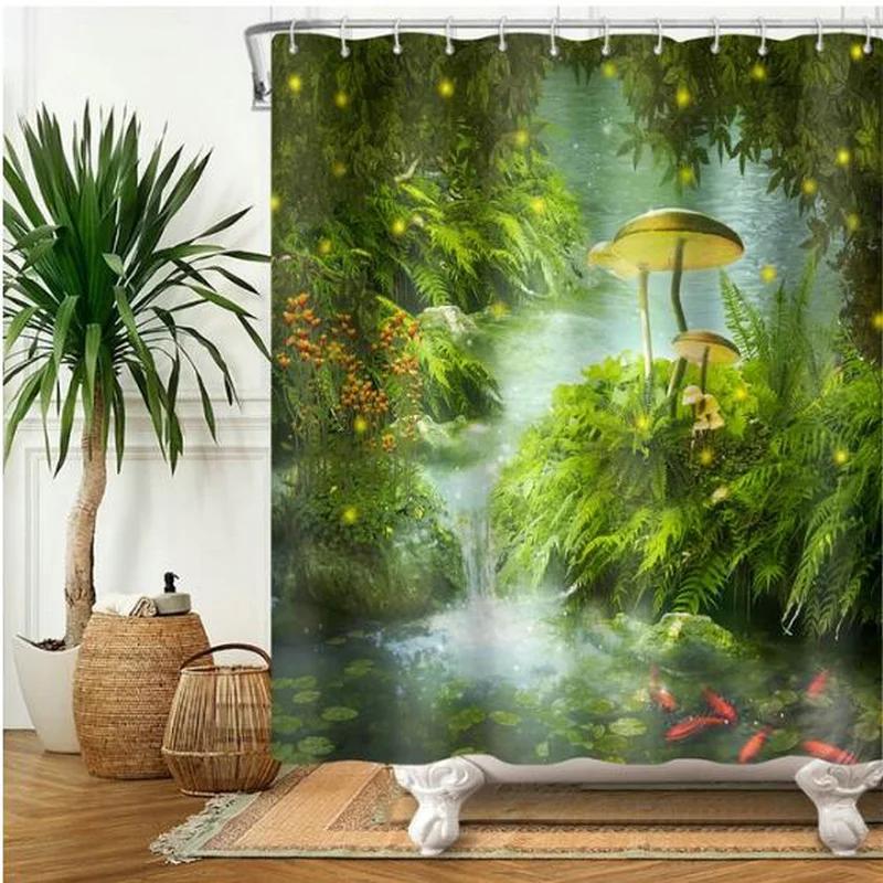 Beautiful Wing Elves Girl Shower Curtain Fantasy Enchanted Forest Bathroom Decor Deer Mushroom Flower Backdrop Hanging Curtains