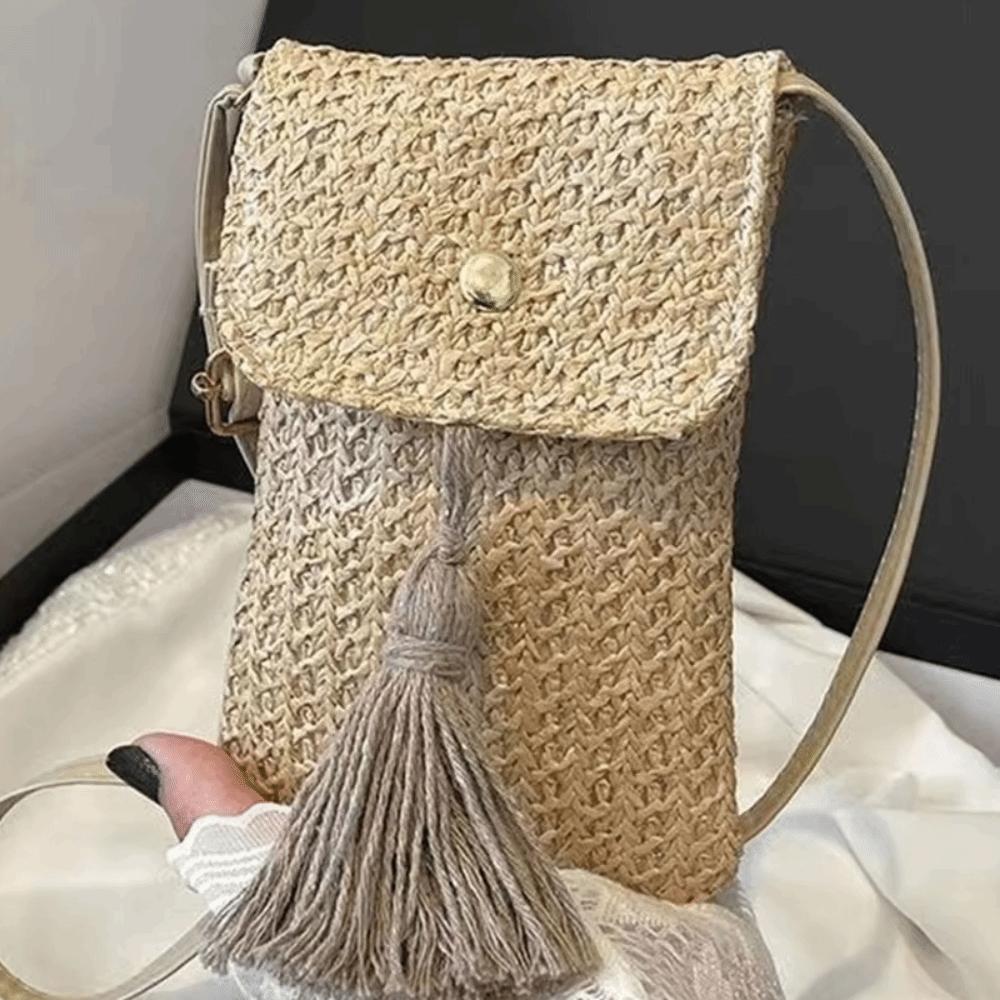 Elegant Weaving Straw Woven Handbag Long Tassel Handmade Crossbody Bucket Bag Korean Style Niche Design Woven Beach Bag Female