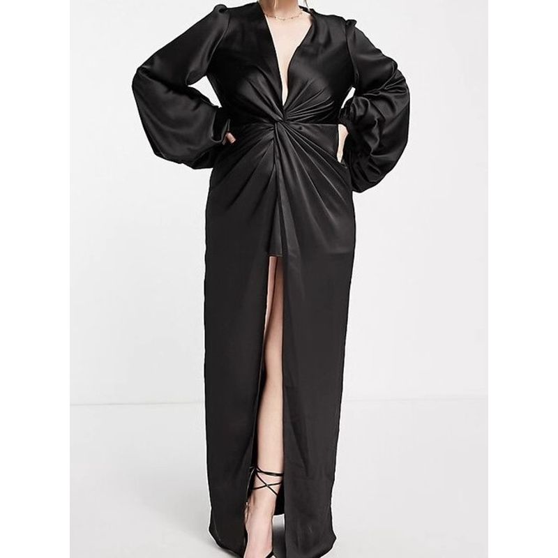 Foreign Trade Order 2025 Summer Party into Pulp Satin Black Royal Sister Fan Lantern Sleeve Deep V-neck Sexy Formal Dress Long dress