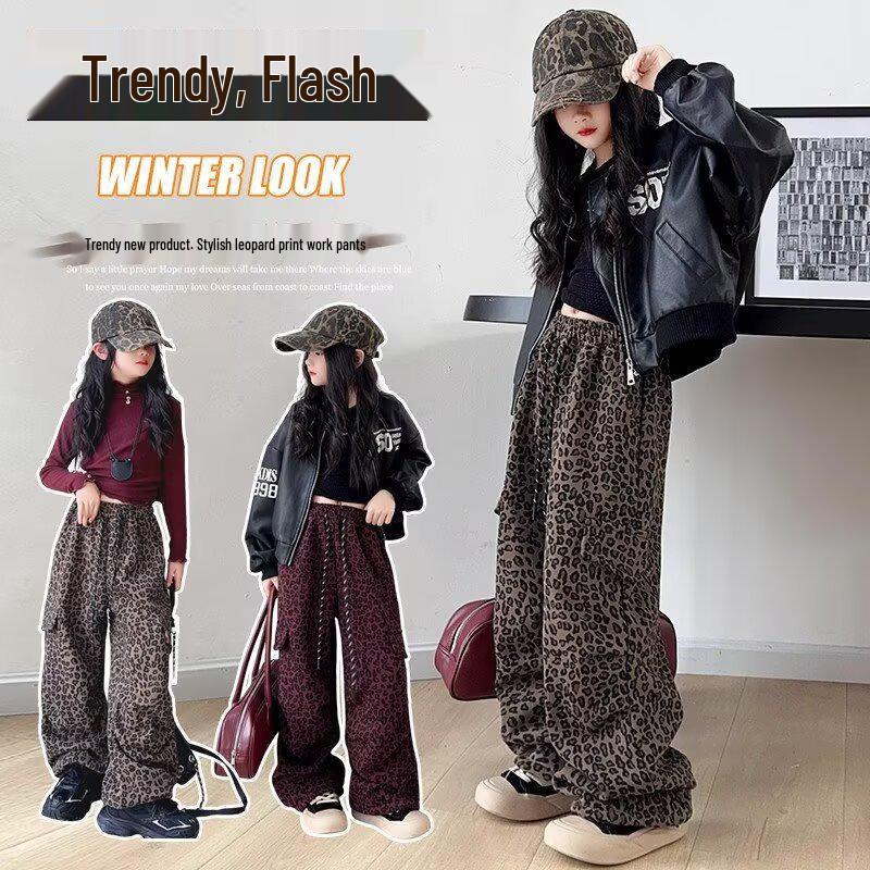 2025 Spring/Autumn Girls' Leopard Print Cargo Pants - Trendy Loose Wide-Leg Street Dance Style for Kids