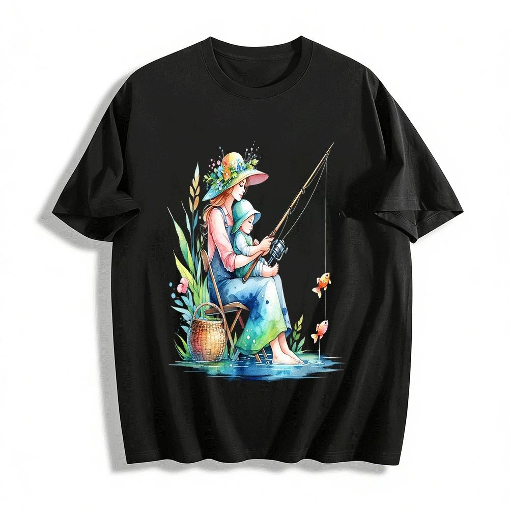 Watercolor Mother And Child Fishing Graphic Casual Top Pure cotton T-shirt XXS