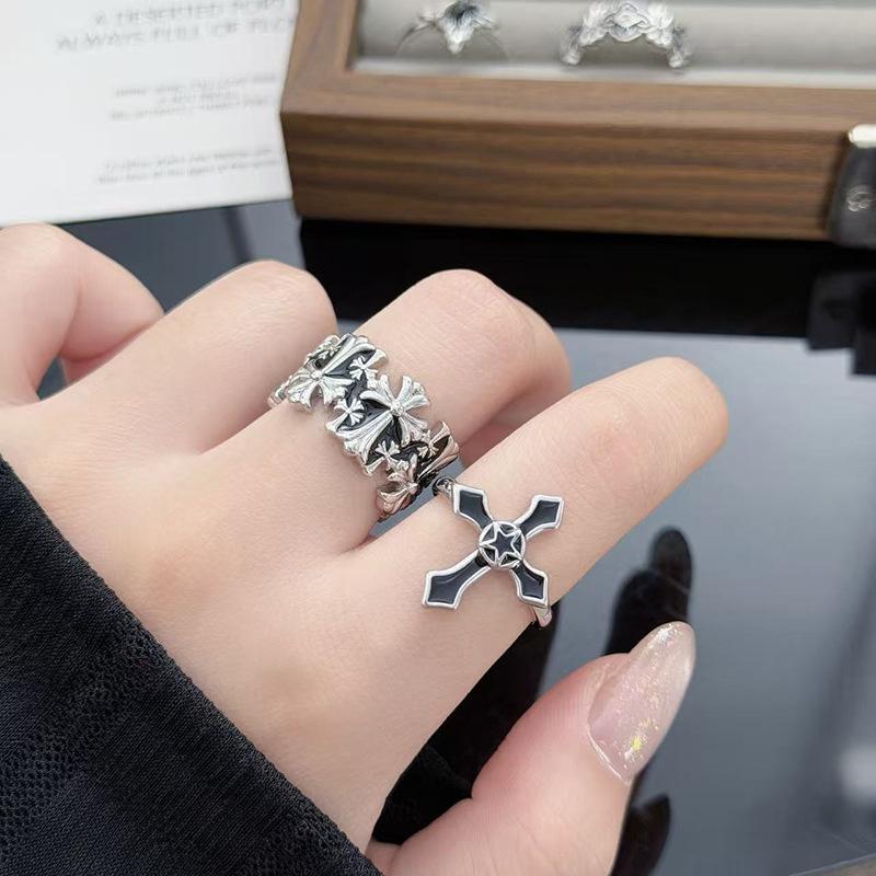 Diablo Clover Cross Personality Punk Style Open Ring Female Starlight Zircon Fashion Index Finger Ring