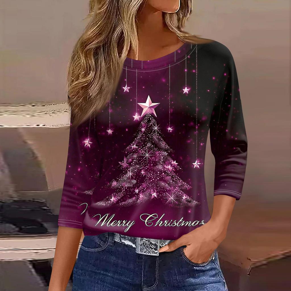 Women's Fashionable Casual Three Quarter Sleeve Christmas Printed Round Neck Top