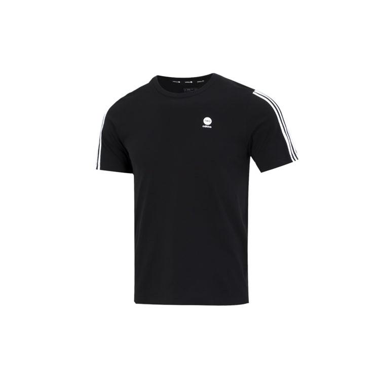 Men s adidas neo Solid Color Stripe Logo Athleisure Casual Sports Round Neck Short Sleeve Black T-Shirt HN8779 M