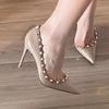 Fashion Pointed Rivet Nude High Heels for Women, New Sexy Queen Style Slim Heel Liuding French Shallow Mouth Single Shoe