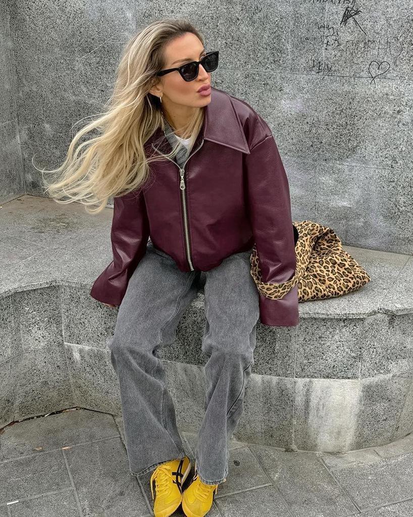 Women's Burgundy Retro Motorcycle Leather Jacket - 2024 Autumn European & American Matte Style