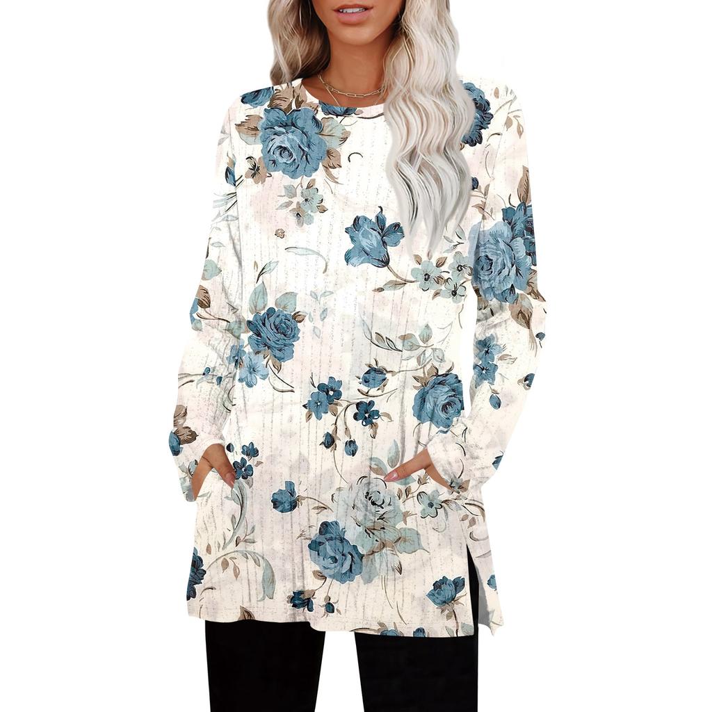 Damegensere Rund hals Langermet Skjorter Med Lommer Høstantrekk Mote Vinterklær Sideslisse