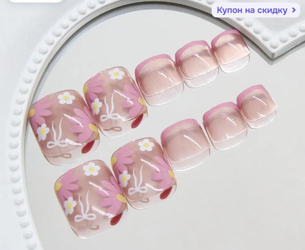 Purple Tip Press Nails for Women - False Nails with Floral and Decals