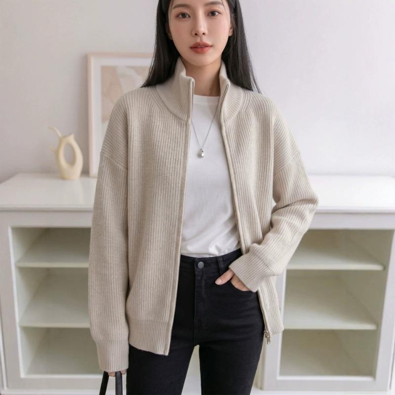Cárdigan Grueso de Punto para Mujer, Cuello Semi Alto con Cremallera, Manga Larga, Top Casual