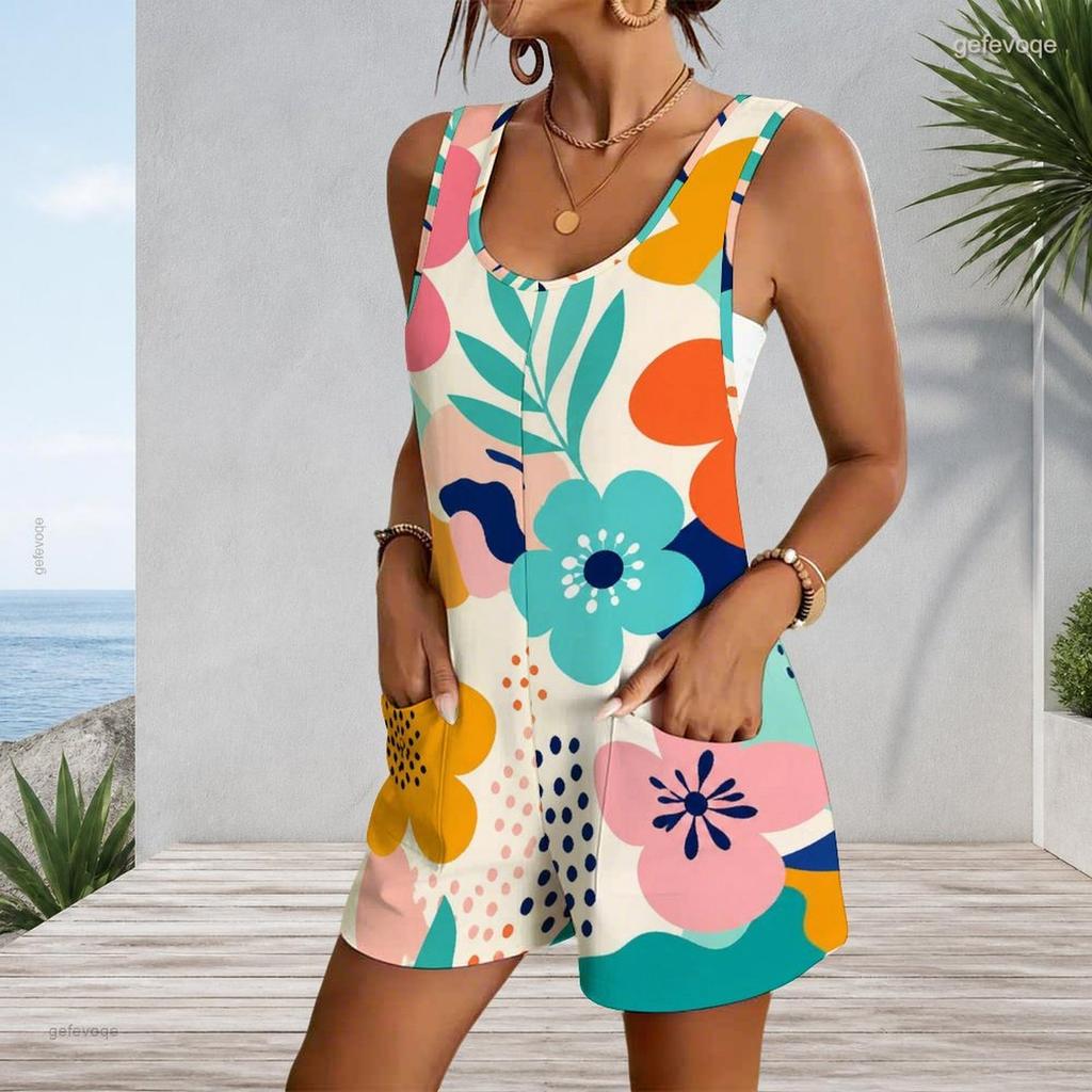 Plus Size Womens Romper With Tank Top And Patch Pockets