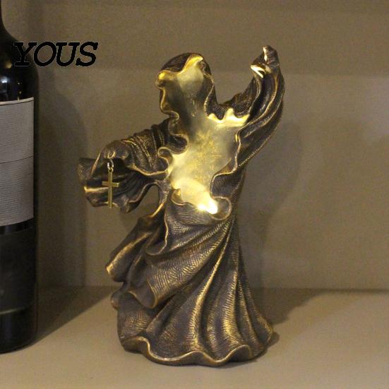 Artistic Nighttime Lighting Resin Gothic Halloween Statue, Spooky Tabletop Ghost Decoration with Light, Waterproof Garden Statue Mysterious