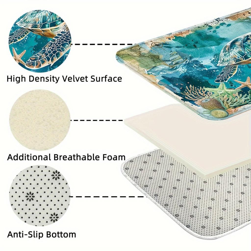2Pcs Anti Fatigue Kitchen Rugs, OneHouse Sea Turtle Print Waterproof Non-Slip Thick Cushioned Kitchen Mat Heavy Duty Comfort Standing Mat for Kitchen