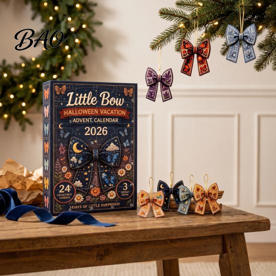 24 Day Countdown Calendar 24Pcs Christmas Advent with Retro 2D Flat Acrylic Bow Ornaments, Decorative Romantic Home Decor Accents Holiday Set for Tree