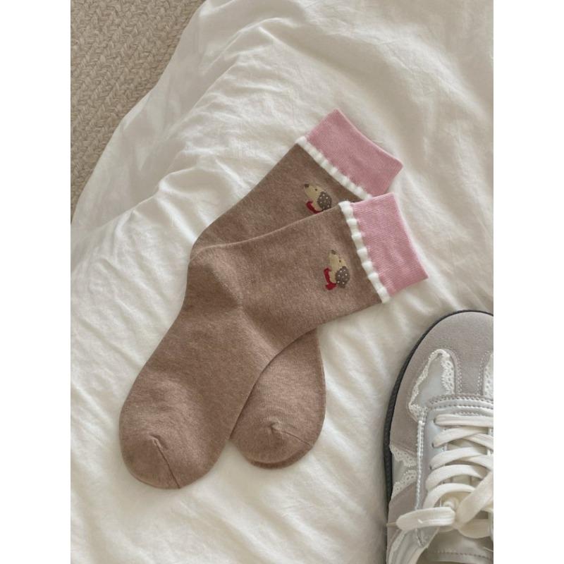 Lady Spring Simple Cute Lace Cartoon Puppy Cotton Preppy Style Pile Pile Long Socks