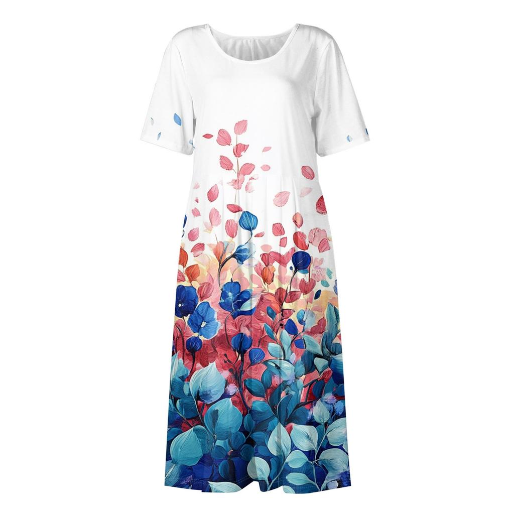 Women's Casual Cute Pattern Print Round Neck Midi Dress Basic Classic Outdoor Everyday Short Sleeve Loose Dress