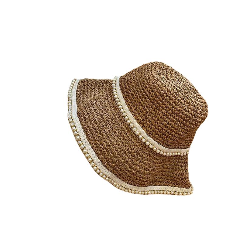 

Универсальный Стиль Шляпа Плетеная из Соломы Украшенная Сладким Жемчугом Элегантные Шляпки Рыбаков коричневый