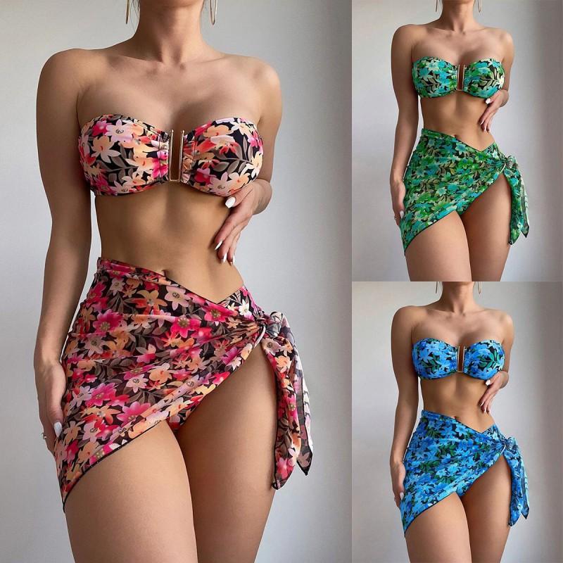 Swimsuit Women's Split Metal U-shaped Bikini Three-piece Printed