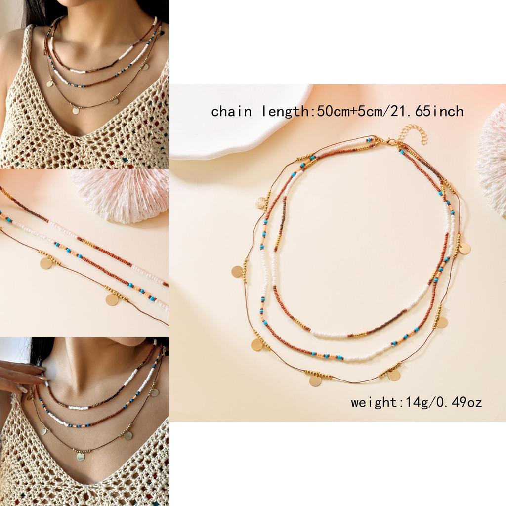 Bohemian Style Multilayer Beaded Necklace With Geometric Elements For Women