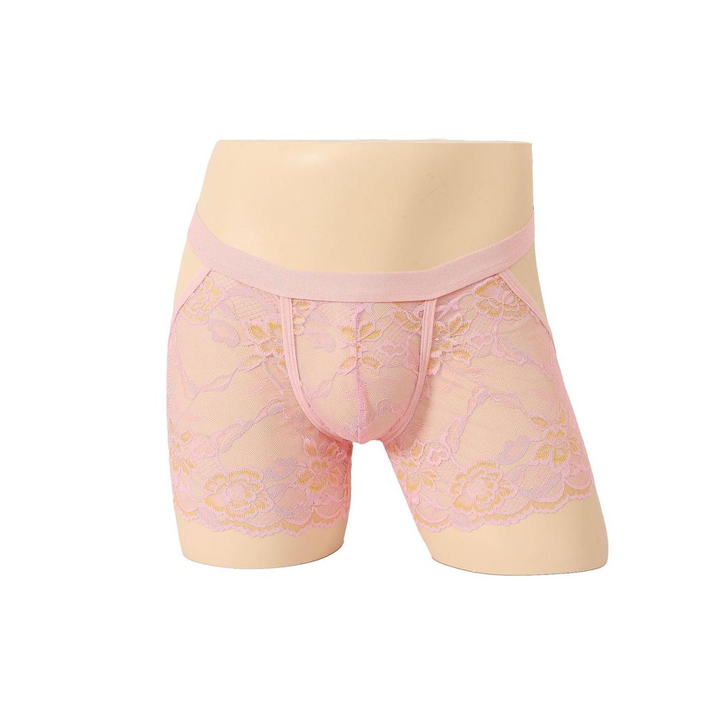 Lencería Sissy para Hombres Gays Sexy Calado Espalda Descubierta Pantalones Cortos de Boxeador Encaje Bordado Transparente Ropa Interior para Crossdresser Braguita Hueca en el Trasero
