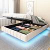 Upholstered Bed 140x200 Cm, Hydraulic Floating Bed Frame with Storage Space, Multifunctional Bed Without Headboard with LED Light, Linen Beige