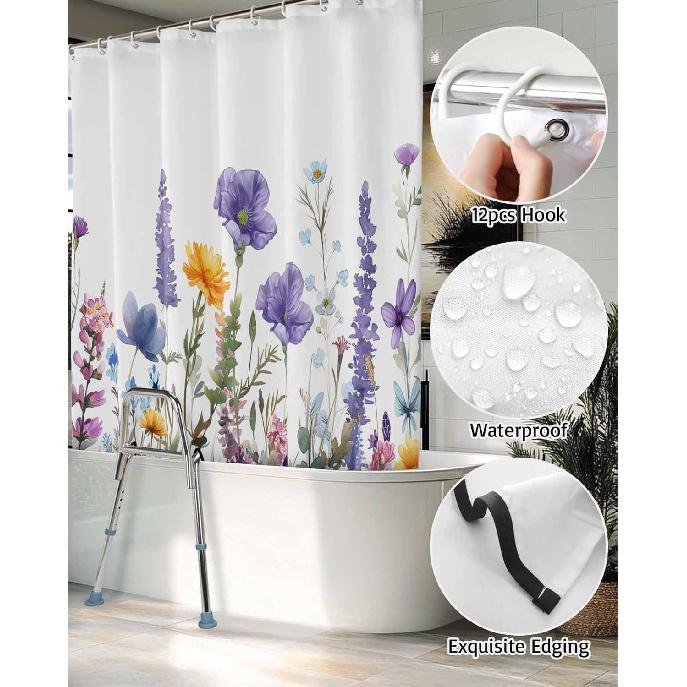 Split Shower Curtain for Transfer Bench, Flower Plant Watercolor Daisy Lavender White Bath Tub Curtain Transfer Chair Bench for Bathtub 72x72 Inch