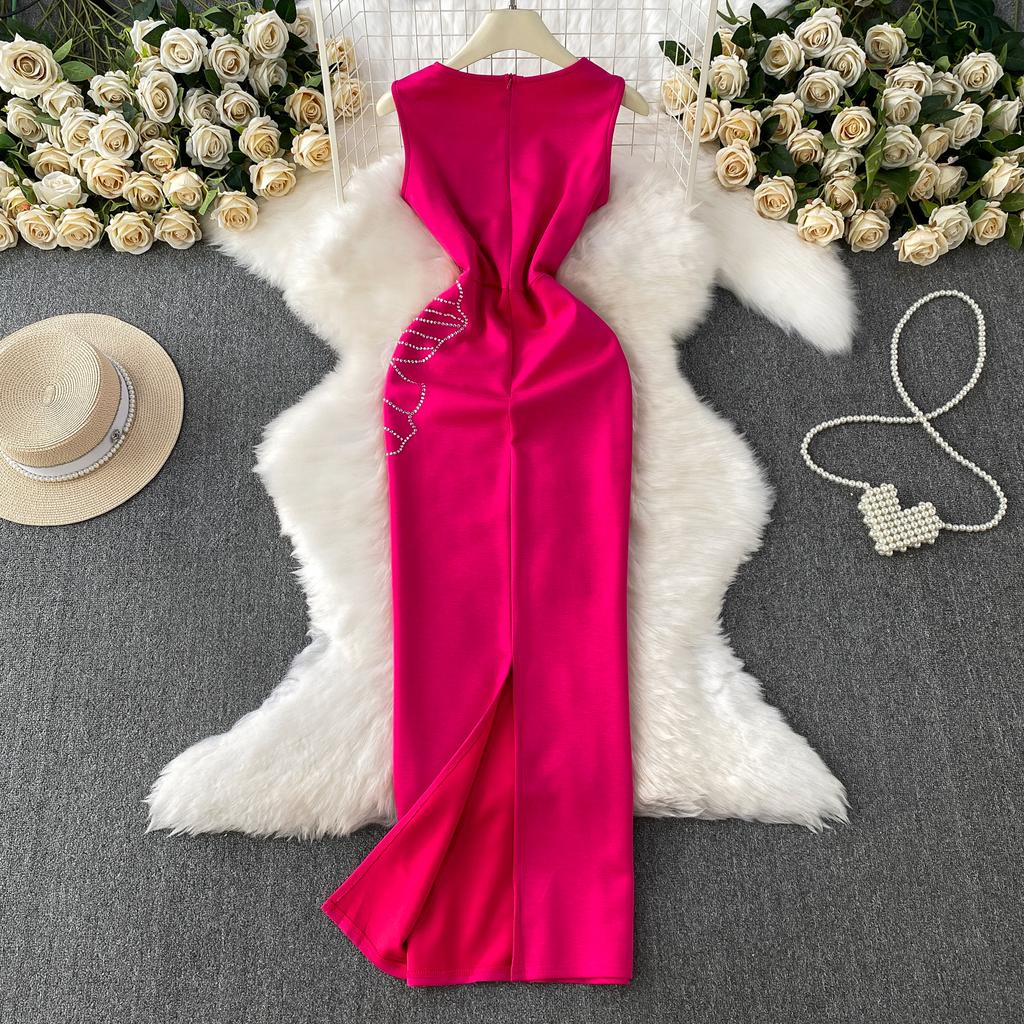 Dinner Party Dress Women's Summer High Sense Hot Diamond Flower V-Neck Sleeveless Slim Skinny Split Dress