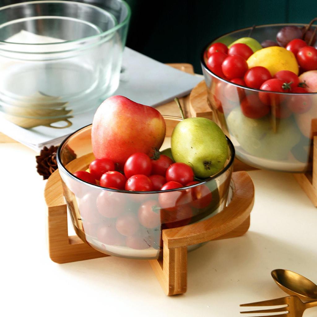 Salad Bowl Cake with Wooden Stand Practical Round Glass Fruit Plate Dessert for Vegetables