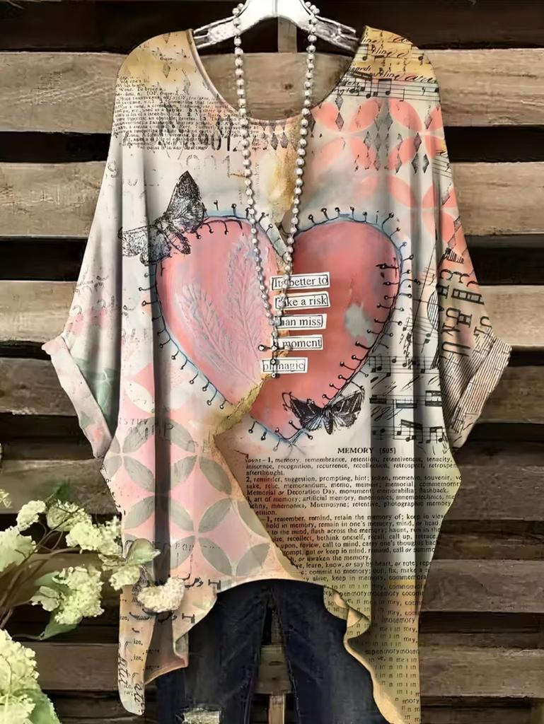 Elegantes Bohemian Chic Übergroßes Einfaches Retro Liebesdruck Druck Damen T-Shirt Asymmetrischer Saum Rundhalsausschnitt Vielseitige Damenbekleidung