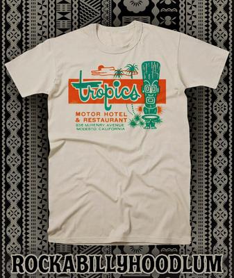 T-shirt con Stampa Tiki Retrò Polinesiana Tropici Hotel Ristorante Bar CA
