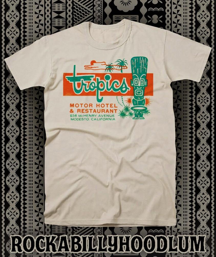 

Retro Tiki Art Tee T Shirt Polynesian The Tropics Hotel Restaurant Bar CA L
