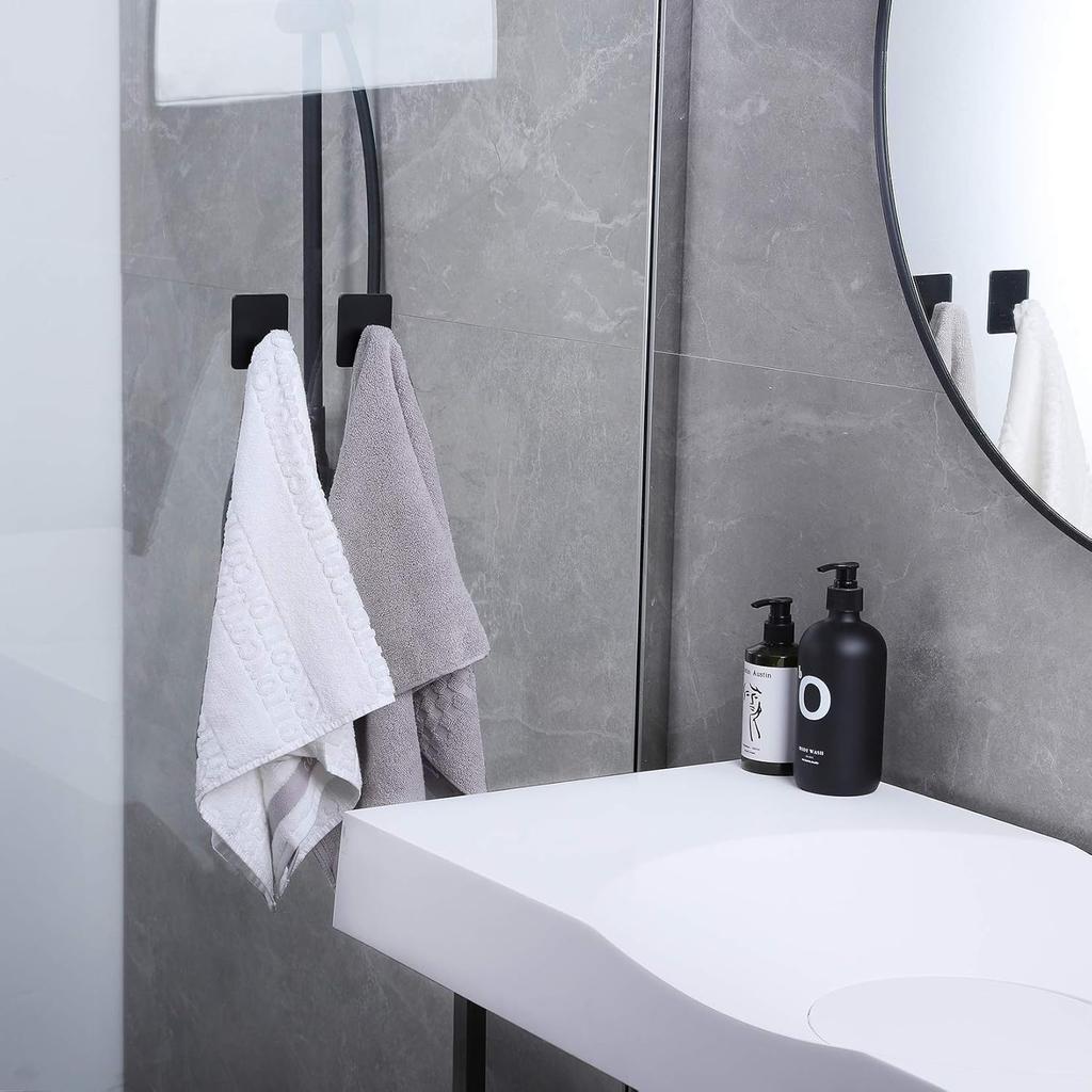 8 Pack Adhesive Towel Hooks - Bathroom Towel Hooks/Wall Hooks for Hanging Coat Robe Stick On Bathroom or Kitchen Matte Black Stainless Steel